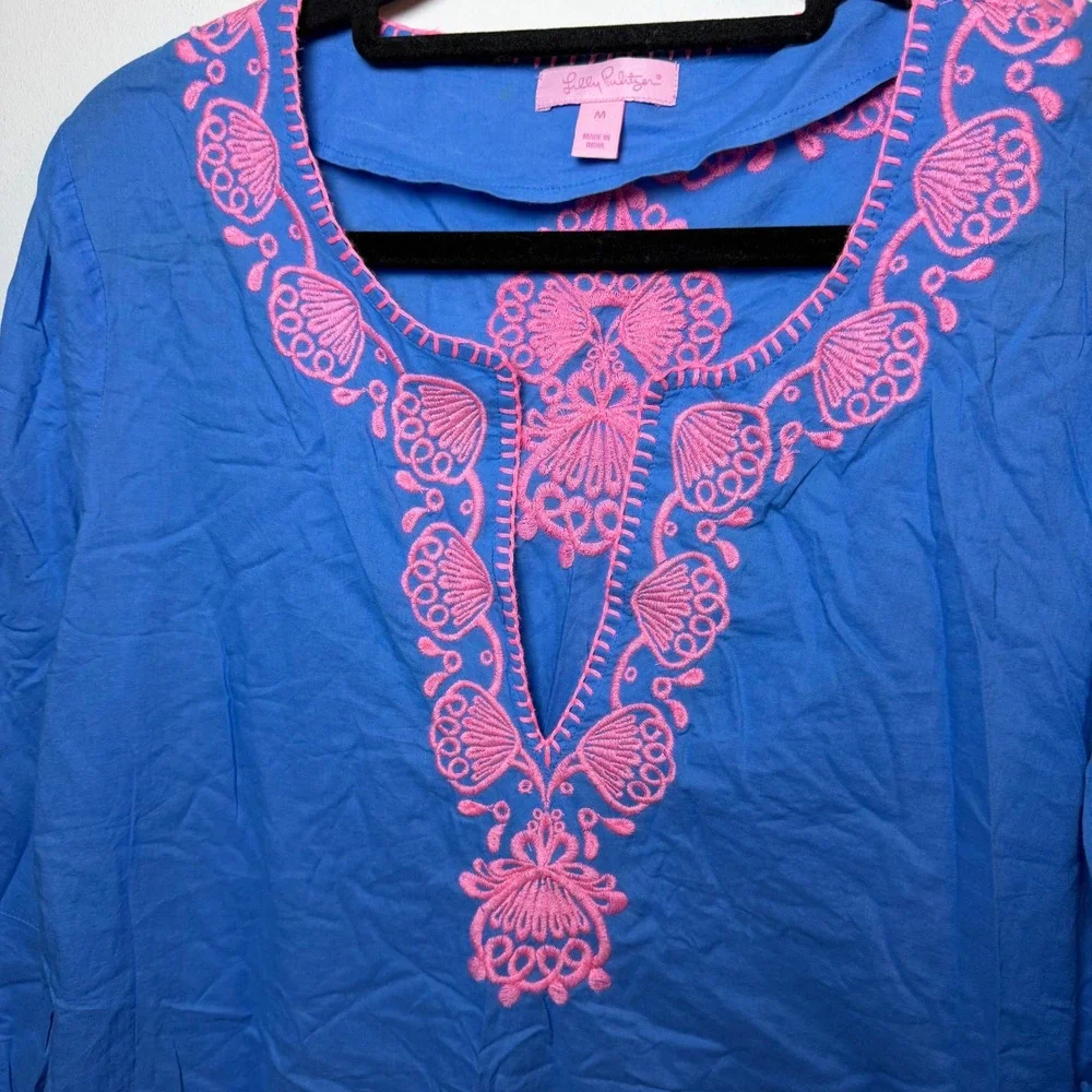 Lilly Pulitzer Piet Cover Up Tunic Sz Medium‎ Blue Pink Embroidered Beach Dress